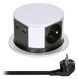 Solight výsuvný blok zásuvek, 3 zásuvky, 2x USB, kruhový tvar nízký, prodlužovací přívod 2m, 3 x 1mm2, stříbrný PP100USB