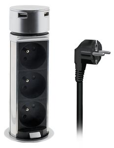 Solight USB výsuvný blok zásuvek, 3 zásuvky, plast, délka 1,5m, 3 x 1mm2, stříbrný PP125