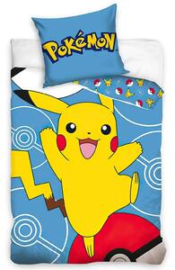 Carbotex dětské povlečení POKÉMON PIKACHU A POKÉBALL, modré, bavlna hladká, 140x200cm + 70x90cm