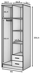 Novaro 80 Šatní skříň s křídlovými dveřmi bílá (kód WB) (80 x 206,6) cm – 5 polic pro přehledné uložení