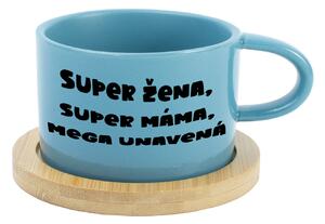 SUPER ŽENA, SUPER MÁMA, MEGA UNAVENÁ. - modrý hrníček makronka 200 ml