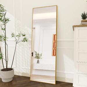 Zrcadlo Moonbite Standspiegel, rozměry 164x54 cm – úzké obdélníkové provedení se zlatým rámem, celotělové, možnost umístění na podlaze nebo zavěšení, materiál: hliník, barva: zlato