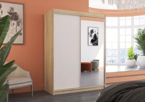 Skříň posuvná se zrcadlem JORDI 150 sonoma – bílá (150 x 200) cm – 6 polic pro přehledné uložení