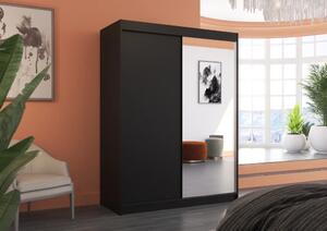 Skříň posuvná se zrcadlem JORDI 150 černá (150 x 200) cm – 6 polic pro přehledné uložení