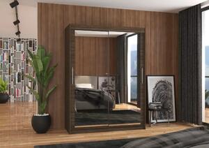 Skříň posuvná se zrcadlem PERMO 150 choco (150 x 200) cm – 6 polic pro přehledné uložení