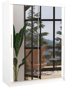 Skříň posuvná se zrcadlem PERMO 150 bílá (150 x 200) cm – 6 polic pro přehledné uložení