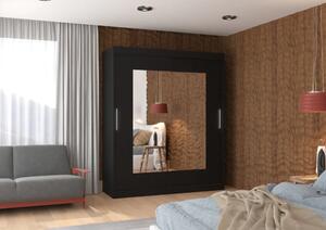 Posuvná skříň s zrcadlem ROSETTE 180 černá (180 x 215) cm – 6 polic pro přehledné uložení