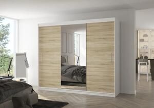 Posuvná skříň s zrcadlem DENIS 250 bílá – sonoma (250 x 215) cm – 11 polic pro přehledné uložení