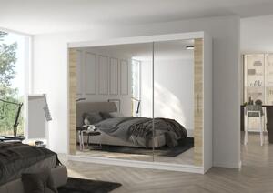 Skříň s posuvnými dveřmi a zrcadlem CHESTER 250 bílá – sonoma (250 x 215) cm – 11 polic pro přehledné uložení