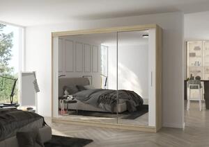 Skříň s posuvnými dveřmi a zrcadlem CHESTER 250 sonoma – bílá (250 x 215) cm – 11 polic pro přehledné uložení