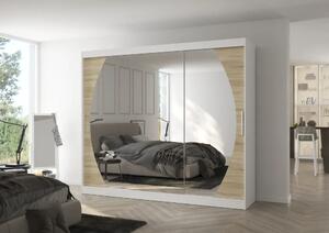 Skříň s posuvnými dveřmi a zrcadlem CAMBE 250 bílá – sonoma (250 x 215) cm – 11 polic pro přehledné uložení