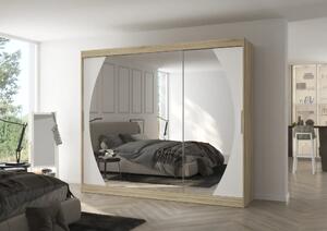 Skříň s posuvnými dveřmi a zrcadlem CAMBE 250 sonoma – bílá (250 x 215) cm – 11 polic pro přehledné uložení