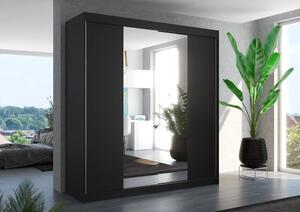 Skříň s posuvnými dveřmi a zrcadlem PERQS 200 černá (200 x 215) cm – 11 polic pro přehledné uložení