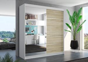 Skříň s posuvnými dveřmi a zrcadlem OLIVER 200 bílá – sonoma (200 x 215) cm – 11 polic pro přehledné uložení