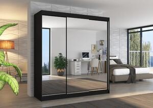 Posuvná skříň se zrcadlem AUSTIN 200 černá (200 x 215) cm – 11 polic pro přehledné uložení