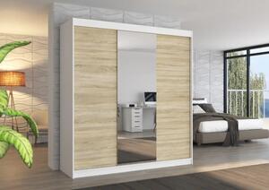 Posuvná skříň se zrcadlem SANTIAGO 200 bílá – sonoma (200 x 215) cm – 11 polic pro přehledné uložení