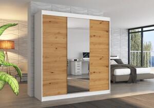 Posuvná skříň se zrcadlem SANTIAGO 200 bílá – artisan (200 x 215) cm – 11 polic pro přehledné uložení