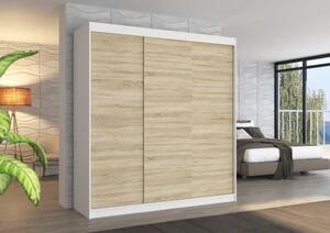Posuvná skříň MEGAN 200 bílá – sonoma (200 x 215) cm – 11 polic pro přehledné uložení