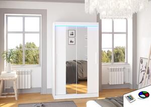 Posuvná skříň se zrcadlem a LED osvětlením SANTOS 120 bílá (120 x 200) cm – 6 polic pro přehledné uložení