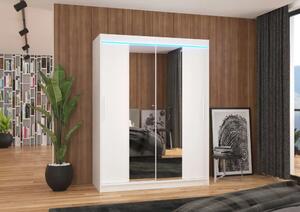 Posuvná skříň se zrcadlem a LED osvětlením INESS 150 bílá (150 x 200) cm – 6 polic pro přehledné uložení