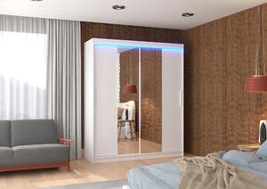 Posuvná skříň se zrcadlem a LED osvětlením DALLAS 180 bílá (180 x 215) cm – 6 polic pro přehledné uložení