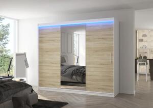 Posuvná skříň se zrcadlem a LED osvětlením DENIS 250 bílá – sonoma (250 x 215) cm