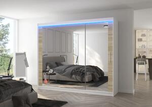 Posuvná skříň se zrcadlem a LED osvětlením CHESTER 250 bílá – sonoma (250 x 215) cm
