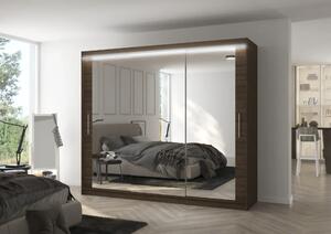 Posuvná skříň se zrcadlem a LED osvětlením CHESTER 250 choco (250 x 215) cm – 11 polic pro přehledné uložení