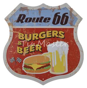 Ceduľa Route 66 Burgers & Beer štít 30x30 cm Plechová tabuľa