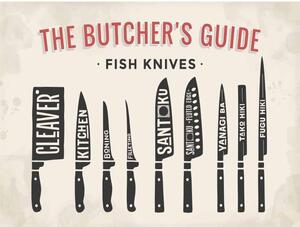Ceduľa The Butchers Guide - Fish Knives 30cm x 20cm Plechová tabuľa