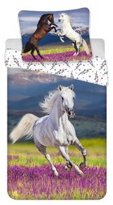 Jerry Fabrics Dětské povlečení HORSE MEADOW, koně, fototisk, modro-růžové, bavlna hladká, 140x200cm + 70x90cm