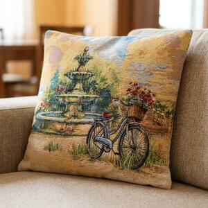 Dekoratex Dekorační povlak na polštářek RETRO FONTÁNA A BICYKL, béžovo-zelená 45x45cm