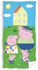 Carbotex Dětská plážová osuška PRASÁTKO PEPINA (PEPPA) ZÁBAVA NA ZAHRADĚ, zeleno-modrá, froté, 70x140cm