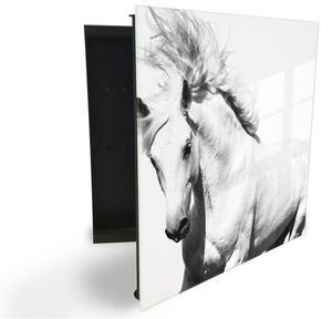 Glasdekor skříňka na klíče dekor - kůň bílý - Levé / Černá