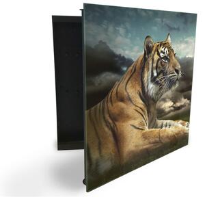 Glasdekor skříňka na klíče - ležící tygr pod tmavou oblohou - Levé / Černá