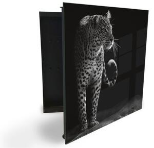 Glasdekor skříňka na klíče - šelma černobílý leopard - Levé / Černá
