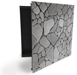 Glasdekor skříňka na klíče - abstrakce poskládané šedé kameny - Levé / Černá