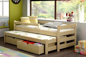 Dětská postel s výsuvnou přistýlkou z MASIVU 200x90cm SE ŠUPLÍKY - DPV001 - bezbarvý lak