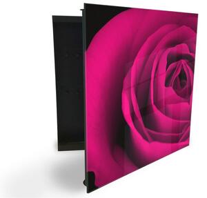 Glasdekor skříňka na klíče - detail květu ostře růžové růže - Levé / Černá