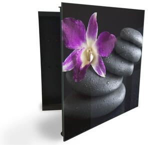 Glasdekor skříňka na klíče - drobná orchidej na černých kamenech - Levé / Bílá