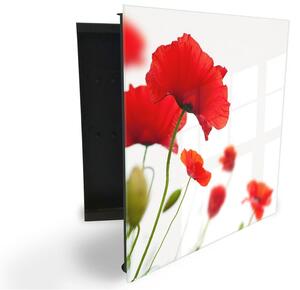 Glasdekor skříňka na klíče - krásné květy vlčích máků na bílém - Levé / Bílá