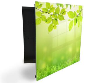 Glasdekor skříňka na klíče - jarní listí a tráva - Pravé / Černá