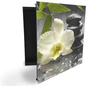 Glasdekor skříňka na klíče - květ orchidej, list bambusu a kámen - Pravé / Bílá
