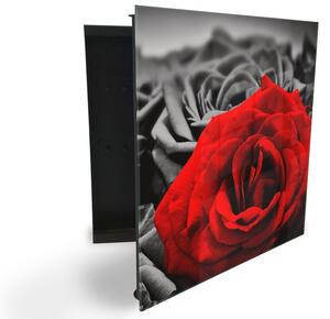 Glasdekor skříňka na klíče - černý a červený květ růže - Levé / Černá