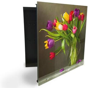 Glasdekor skříňka na klíče - kytice barevných tulipánů - Levé / Černá