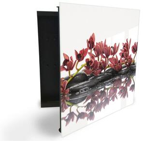 Glasdekor skříňka na klíče - červená orchidej na zen kameni - Levé / Bílá