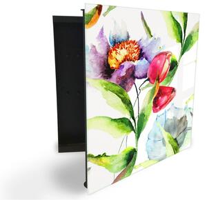 Glasdekor skříňka na klíče - květy tulipán, mák akvarel - Levé / Černá