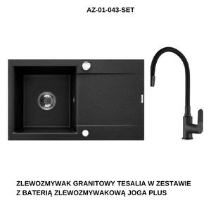 INVENA - Granitový dřez TESALIA dlouhý odkap, černý s automatickým sifonem, chrom + baterie JOGA PLUS AZ-01-043-SET