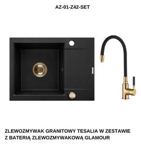INVENA - Granitový dřez TESALIA krátký odkap, černý s automatickým sifonem, zlatý +baterie GLAMOUR AZ-01-Z42-SET