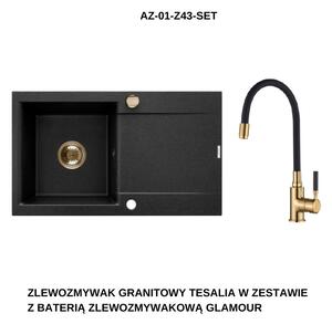 INVENA - Granitový dřez TESALIA dlouhý odkap, černý s automatickým sifonem, zlatý + baterie GLAMOUR AZ-01-Z43-SET